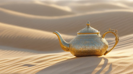 A golden teapot lying on desert sand, surrounded by dunes, symbolizing the timeless beauty and mystique of the Orient.の素材