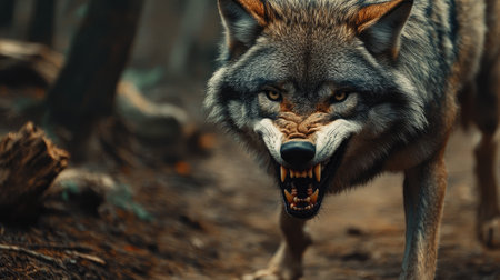 A fierce wolf on a forest path, with an angry expression and teeth bared, symbolizing the raw power of natureの素材