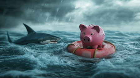 A pink piggy bank on a buoy in rough waters, threatened by a shark, representing investment failure and economic dangers.の素材
