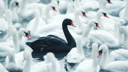 A single black swan surrounded by white swans, representing different leadership and the courage to be unique.の素材