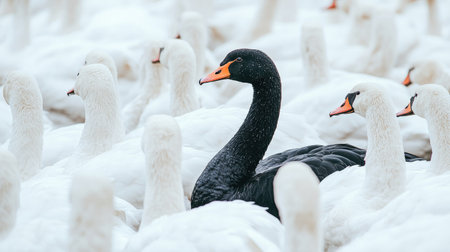 A single black swan surrounded by white swans, representing different leadership and the courage to be unique.の素材