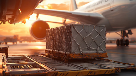 Air logistics loading: Close-up of cargo containers being loaded into an airplane, focusing on payload management and efficiency.の素材