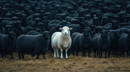 A white sheep standing out among black sheep, representing the idea of being unique and having special skillsの素材