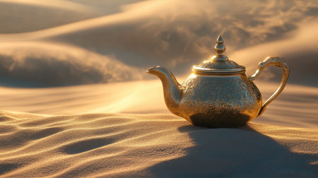 An Oriental gold teapot resting on the sandy surface of a desert dune, capturing the essence of exotic lands.の素材