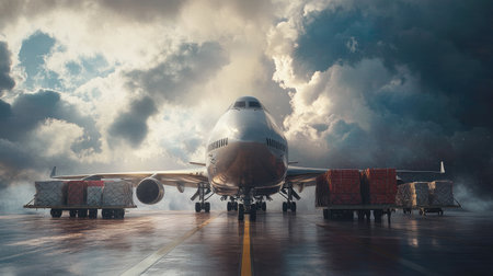 Crisis logistics: Cargo plane preparing to deliver essential supplies in a crisis, visualizing the speed and efficiency of aerial logistics.の素材