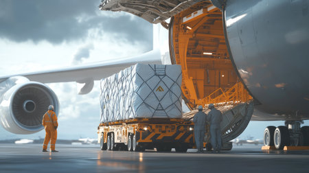 Optimized payload: Cargo being loaded into an aircraft, with visuals of advanced systems ensuring balanced and secure transport.の素材