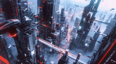 An aerial view of a futuristic anime cityscape with sleek, high-rise apartment buildings and flying vehicles zooming pastの素材