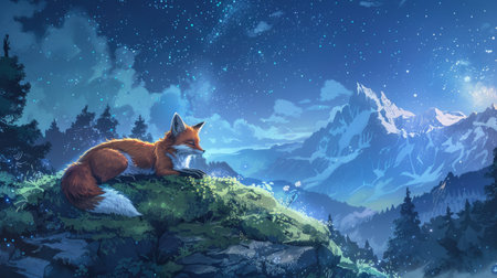 Anime-style illustration of a serene nine-tailed fox resting on a mossy rock in a tranquil mountain clearing, under a starry night skyの素材