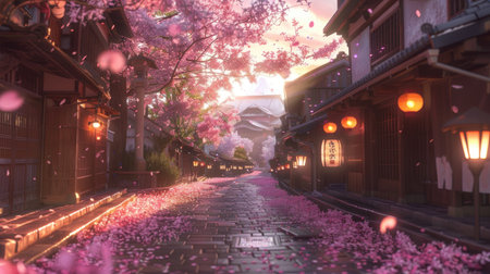 Anime-style cherry blossom street with pink petals falling, lined with traditional lanterns and serene sceneryの素材