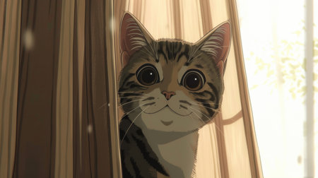 Charming anime depiction of a mischievous cat peeking out from behind a curtain with a curious look on its faceの素材