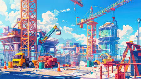 Vibrant anime depiction of a construction site with colorful safety barriers, workers in hard hats, and towering cranesの素材