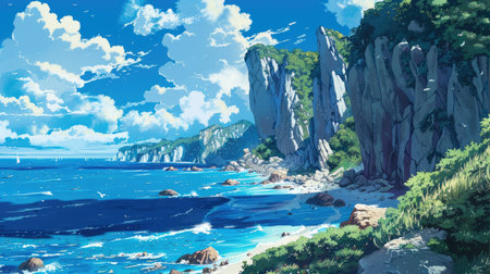 Vibrant anime depiction of a coastal scene, featuring rugged cliffs, sparkling blue waters, and gentle sea breezesの素材