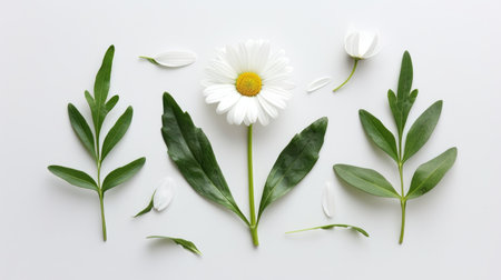 Flat-lay of a vibrant white daisy with its stem and leaves arranged elegantly on a white backgroundの素材