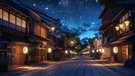 A quaint Japanese village street lined with lanterns and wooden buildings, under a starry night skyの素材
