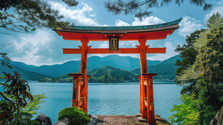 A beautifully crafted torii gate standing tall at the entrance of a sacred shrine, with a mountain backdropの素材