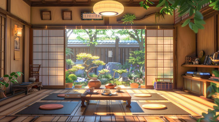 A cozy Japanese tea house interior with tatami mats and traditional decorations.の素材