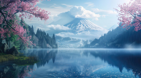 A serene mountain lake with a view of Mount Fuji and cherry blossoms in the foreground.の素材
