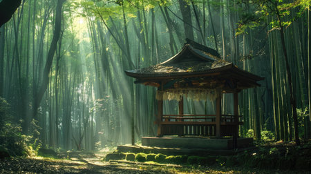 A peaceful shrine in a bamboo forest with sunlight filtering through the trees.の素材