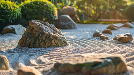 A peaceful zen garden with carefully arranged rocks and sand.の素材