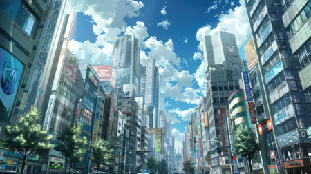 A detailed anime-style urban scene with tall buildings and bustling streetsの素材
