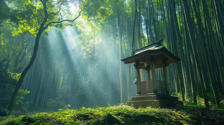 A peaceful shrine in a bamboo forest with sunlight streaming through the trees.の素材