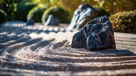 A serene zen garden with meticulously raked sand and carefully placed rocks.の素材
