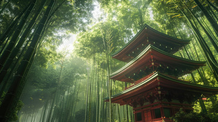 A traditional Japanese pagoda amidst a forest of towering bamboo trees.の素材
