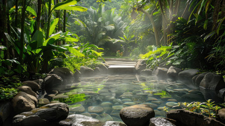 A tranquil hot spring surrounded by rocks and lush greenery, with steam rising gentlyの素材