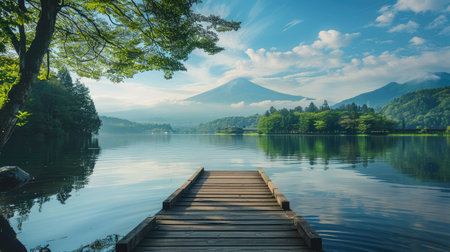 A serene mountain lake with a traditional wooden pier and a view of Mount Fujiの素材