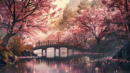 A serene riverside scene with a traditional wooden bridge and sakura trees.の素材