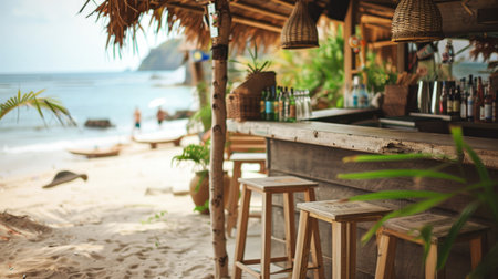 A beachside bar with stools and drinks, space for text in the background.の素材