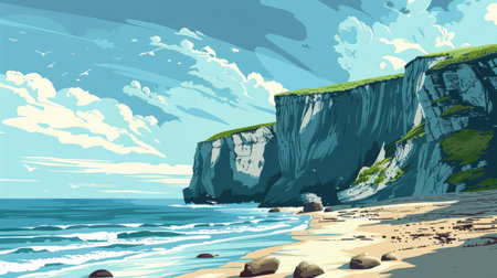 A coastal view with cliffs and a sandy beach, space for text in the sky and waterの素材