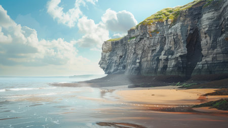 A coastal scene with cliffs and a sandy beach, leaving space for text in the sky and water.の素材