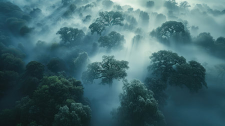 A serene aerial shot of a misty woodland, where the delicate tendrils of fog weave through ancient trees, creating an enchanting and peaceful atmosphereの素材