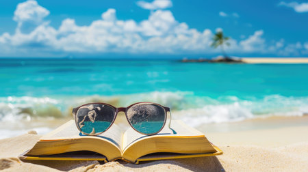 A sandy beach with an open book and sunglasses, space for text in the backgroundの素材