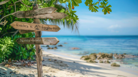 A tropical beach with a wooden sign pointing to various destinations, space for text.の素材