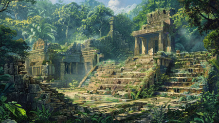 A detailed illustration of ancient ruins amidst lush greenery, showcasing weathered stone architecture and a sense of historical mysteryの素材