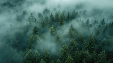 A dramatic aerial view of a dense, fog-covered forest revealing only the tops of tall trees peeking through the mist, creating an atmospheric and mysterious sceneの素材