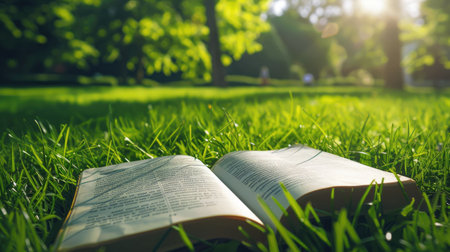 An open book resting peacefully on lush green grass under the warm sunlight, inviting a tranquil moment of reading amidst nature's beautyの素材