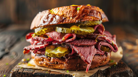 Close-up of a mouthwatering pastrami sandwich on a rustic wooden table, showcasing layers of savory meat, pickles, and mustardの素材