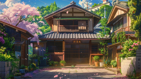 Cozy anime street scene featuring a charming, quaint house with traditional Japanese architecture and a peaceful vibeの素材