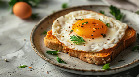 Delicious fried egg on toast, served elegantly on a plate with a hint of garnish, highlighting the wholesome and appetizing nature of the dishの素材