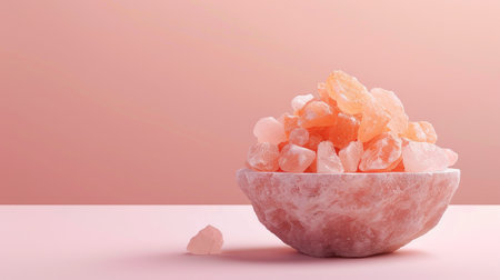 Elegant display of Himalayan pink crystal salt on a minimalist background, ideal for spa, health, and wellness-themed designsの素材
