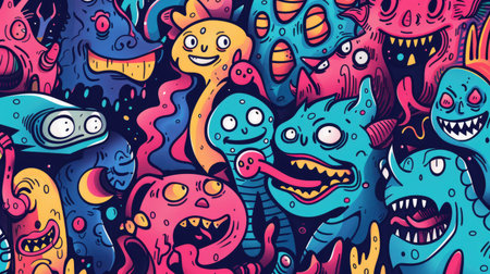 Hand-drawn cartoon illustration background with whimsical characters and vibrant colors, perfect for playful designsの素材