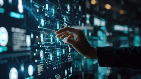 Individuals touch virtual cost and quality icons on a digital interface to enhance work efficiency and productivityの素材