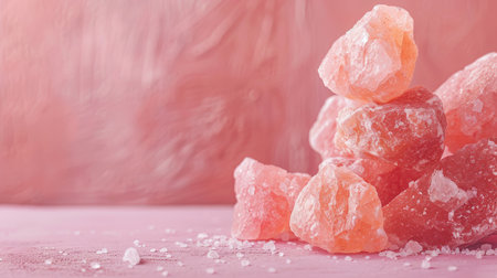 Elegant display of Himalayan pink crystal salt on a minimalist background, ideal for spa, health, and wellness-themed designsの素材