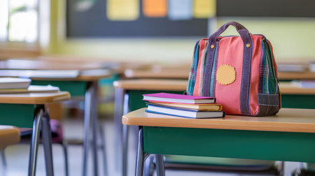 Back to school concept with a school bag and textbooks on a student desk in a classroom, ready for a new school yearの素材