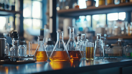 Chemistry laboratory filled with glassware and equipment, with a focus on experiment flasks and bottles, symbolizing scientific workの素材