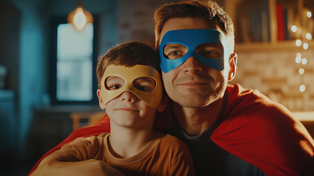 Father and son wearing superhero masks, posing together with pride and joy, symbolizing the bond of family and imagination, set in a playful home environmentの素材