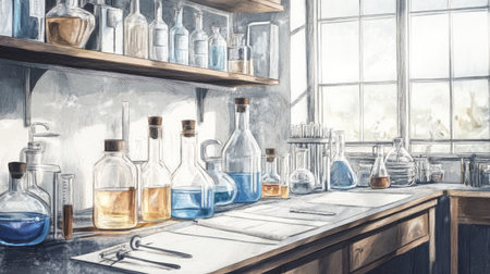 Well-equipped chemistry lab with glass bottles, flasks, and detailed lab equipment drawings, capturing the essence of scientific inquiryの素材